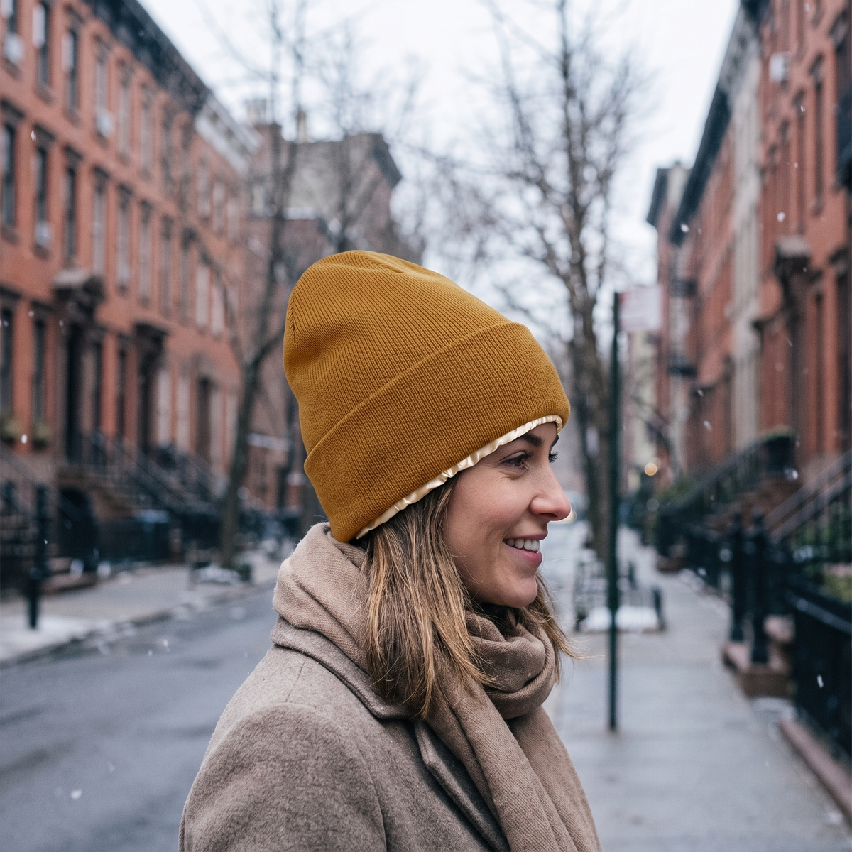 Silk-lined winter beanie worn outdoors