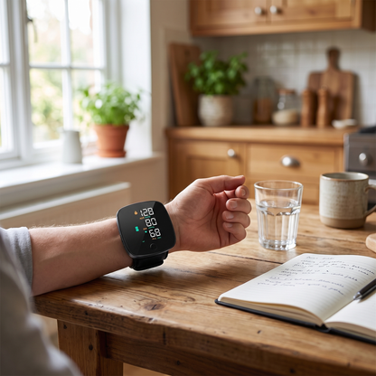 Wrist blood pressure monitor in use at home