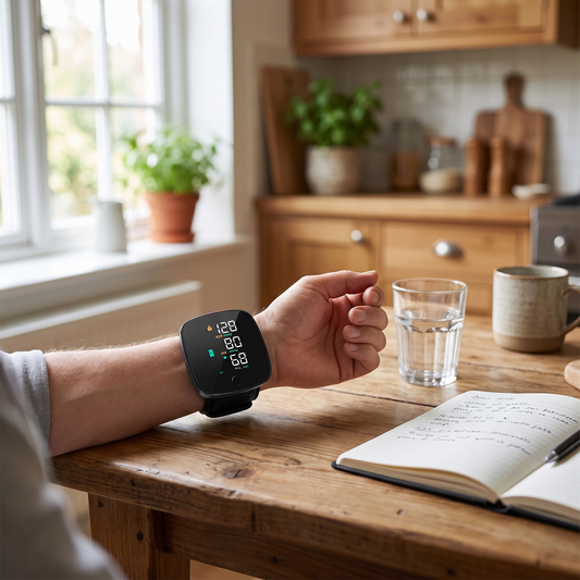 Wrist blood pressure monitor in use at home