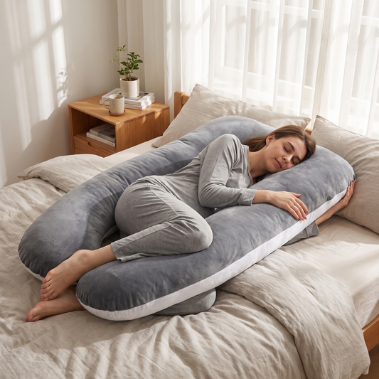 Side sleeper body pillow in use on a bed