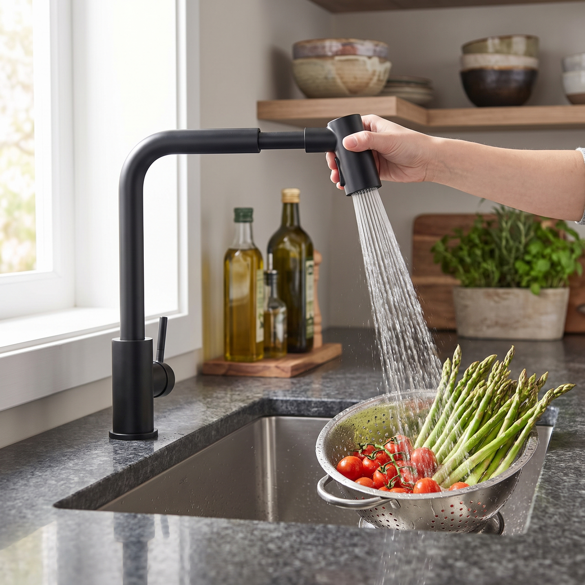 Black pull-out kitchen faucet in use