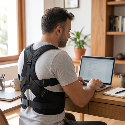 Posture corrector worn at a home-office desk
