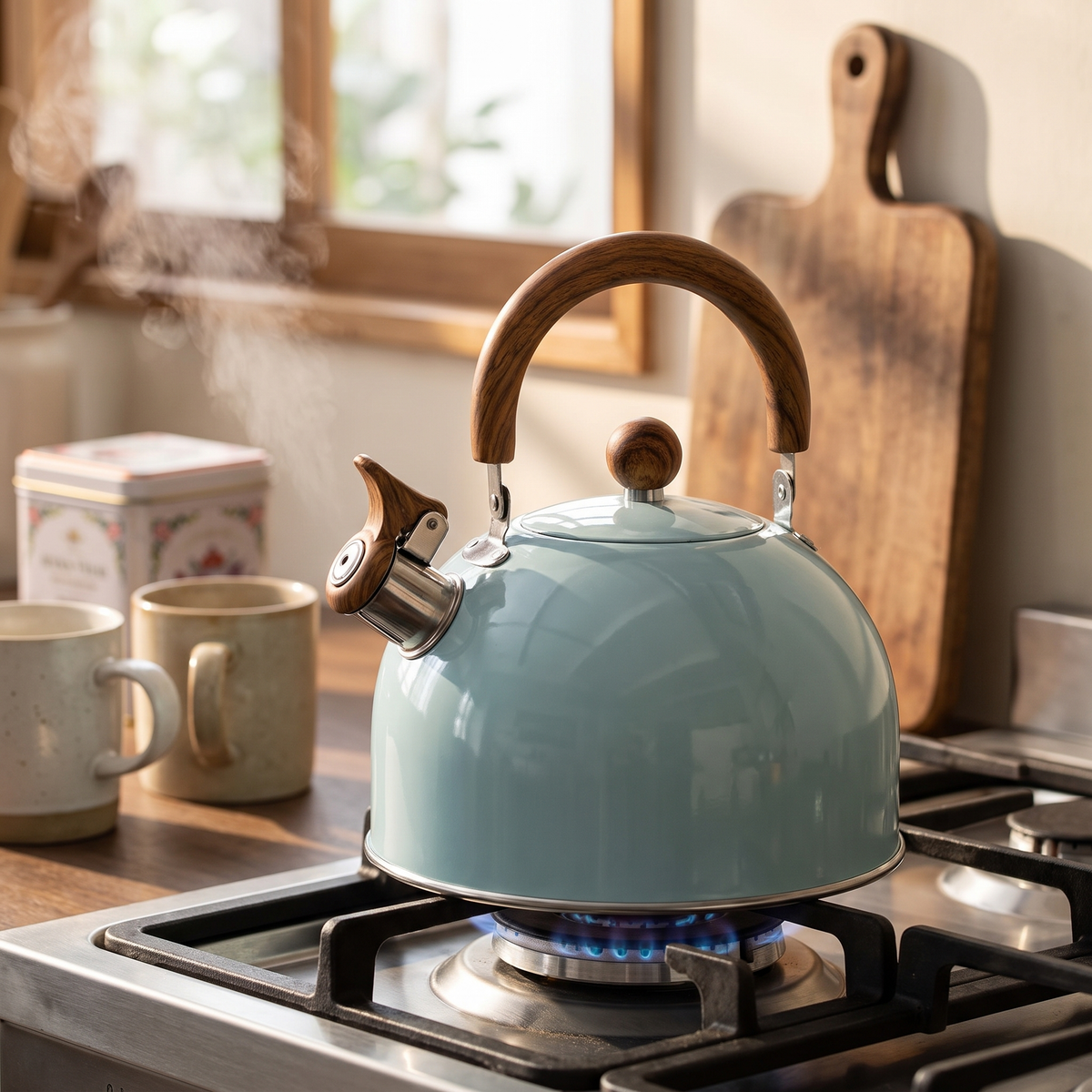 Stainless steel whistling kettle on a stovetop