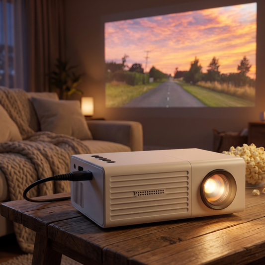 Mini LED projector in a living room home theater