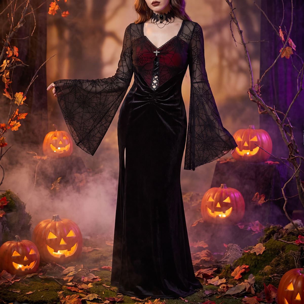 Women's Spiderweb Velvet Bell-Sleeve Halloween Dress