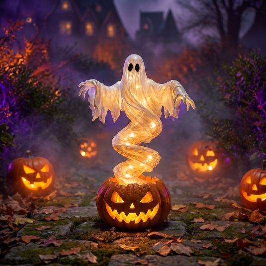 Light-Up Ghost and Pumpkin Resin Yard Statue