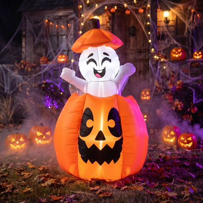 5 FT Animated Halloween Inflatable Pumpkin with Rising Ghost
