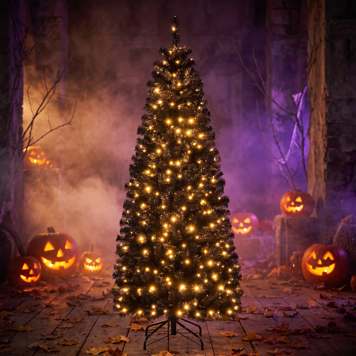 Black Pencil Pre-Lit Artificial Halloween Tree