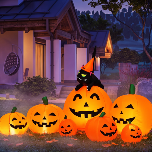 7.5 FT Halloween Inflatable Pumpkin Combo with Witch and Black Cat