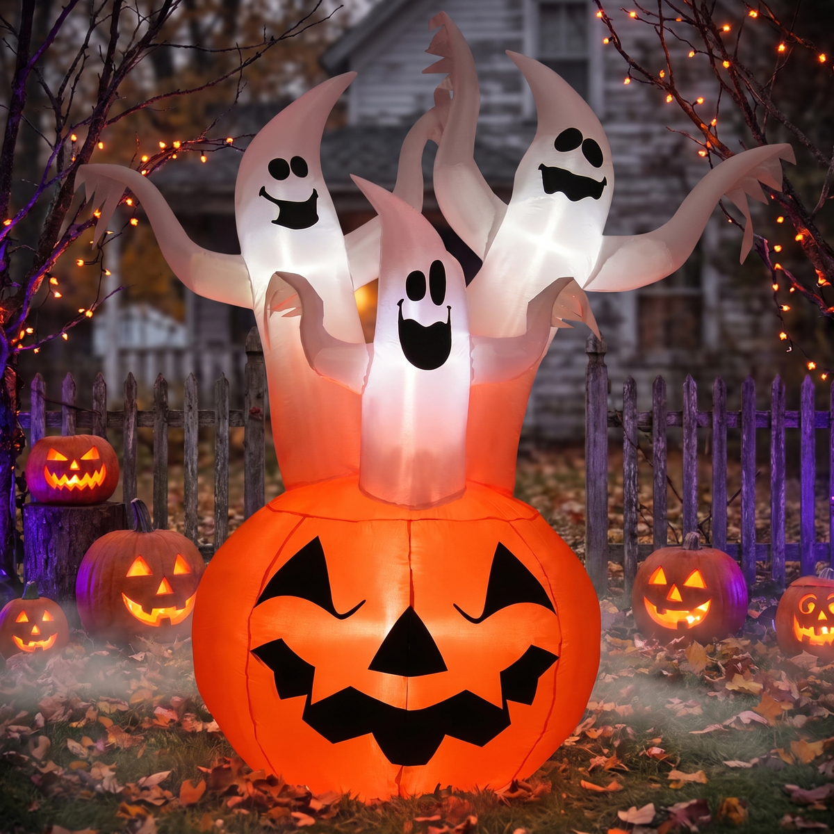 6 FT Inflatable Halloween 3 White Ghosts with Pumpkin