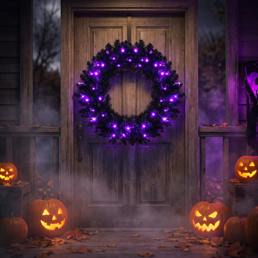 24 inch Black Pre-Lit Halloween Wreath