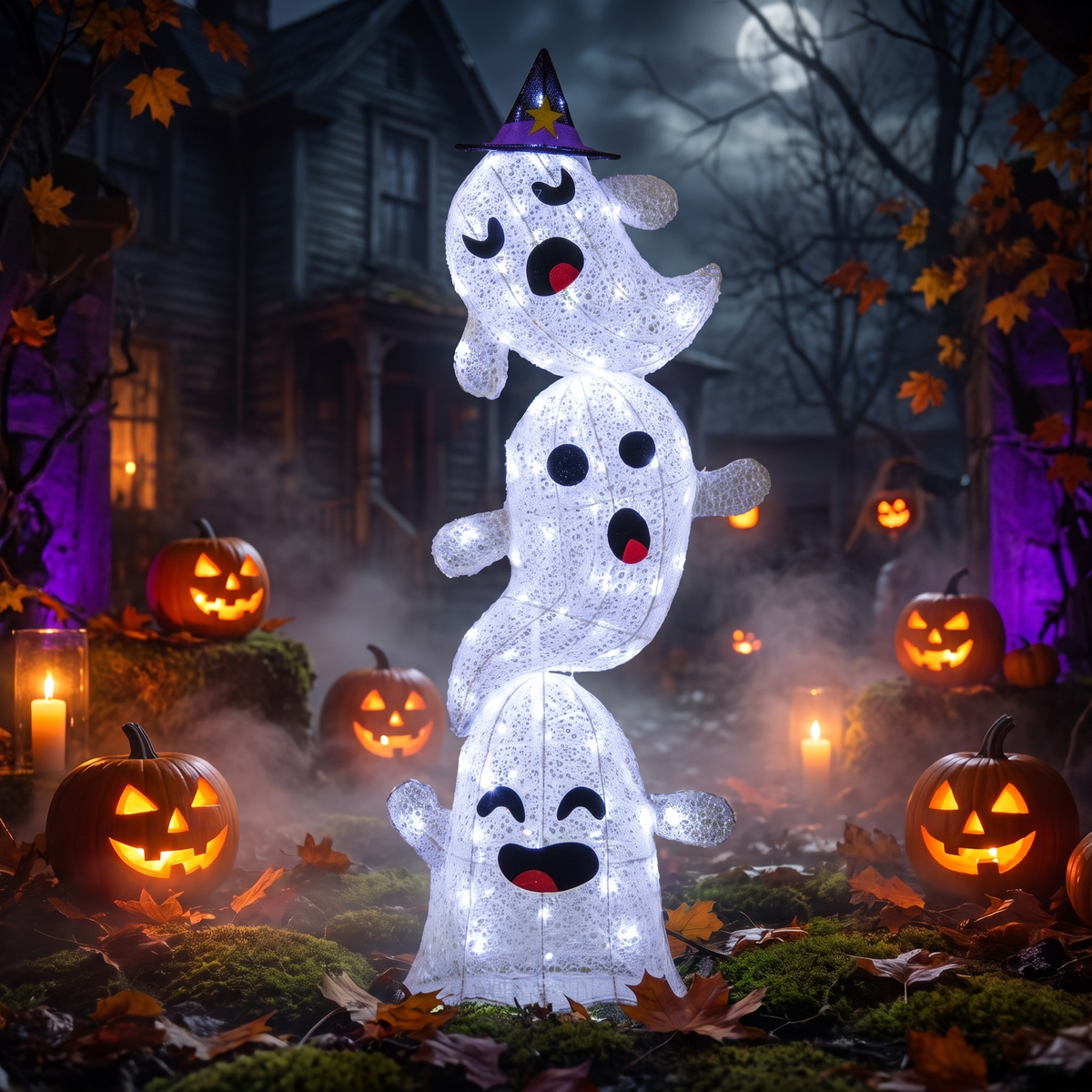4 FT Halloween Outdoor Stacked Ghosts Yard Decoration