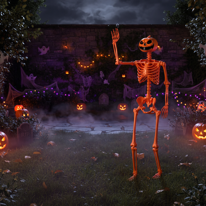 5.2 FT Life-Size Posable Orange Skeleton with Pumpkin Head