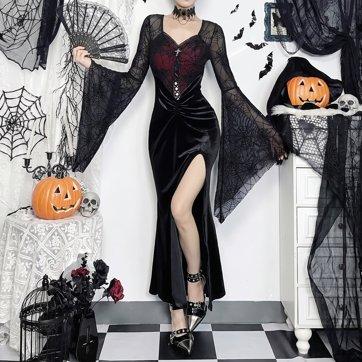 Spiderweb Velvet Bell Sleeve Mini Dress
