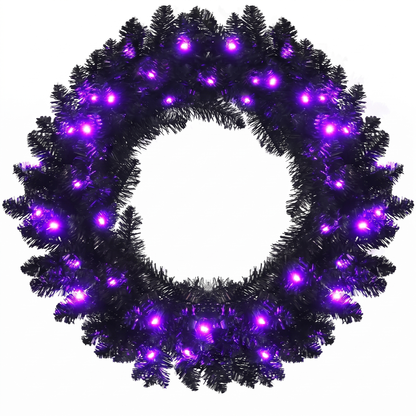 24 In Black Pre-Lit Halloween Wreath, Purple LEDs