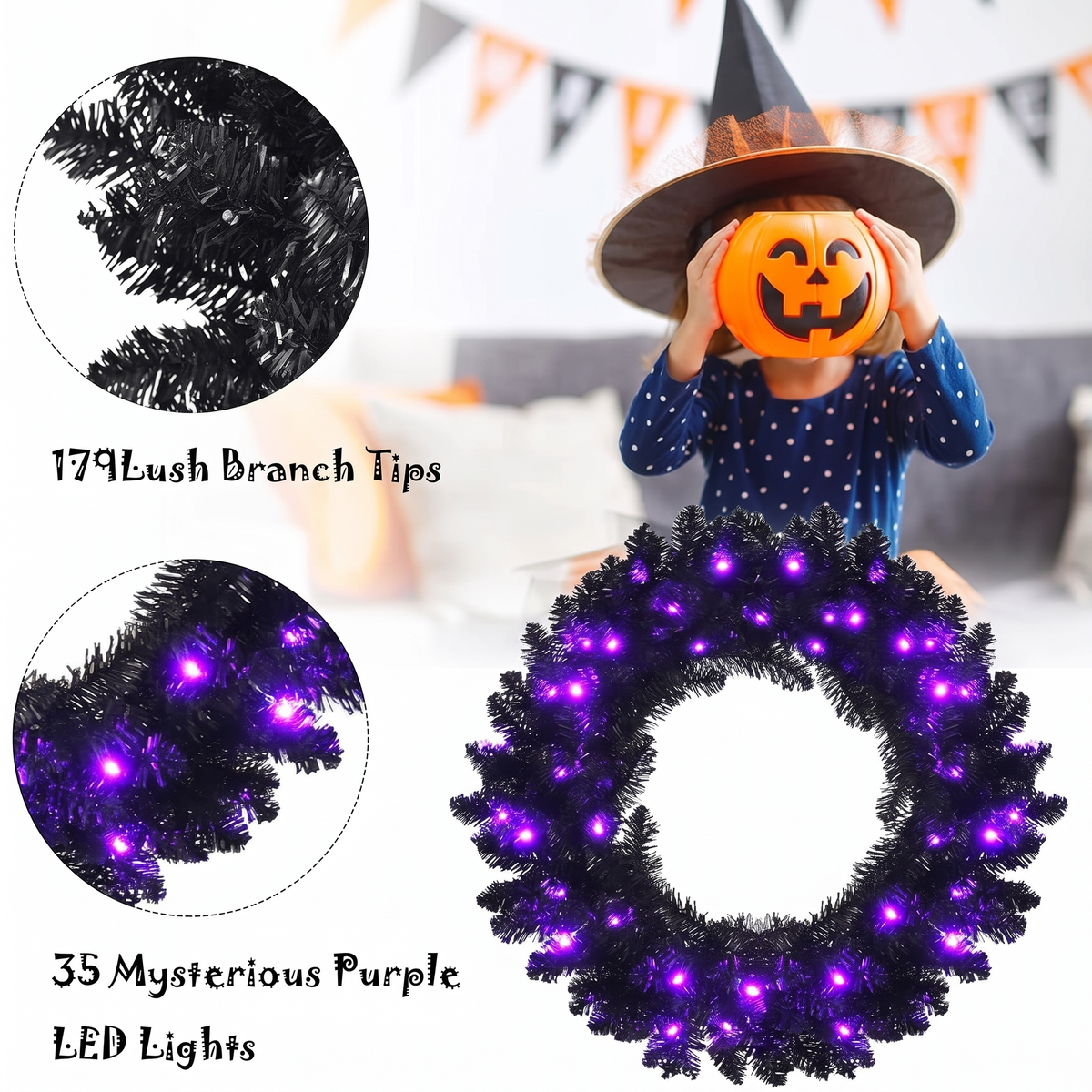 24 In Black Pre-Lit Halloween Wreath, Purple LEDs
