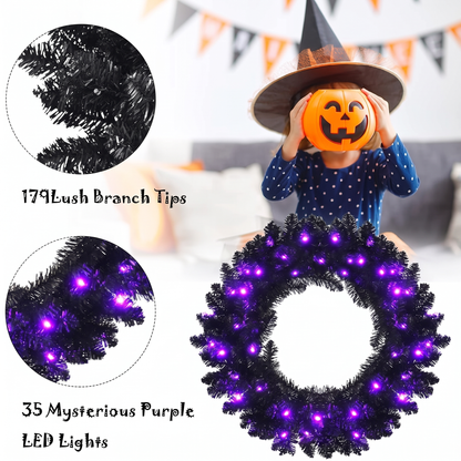 24 In Black Pre-Lit Halloween Wreath, Purple LEDs