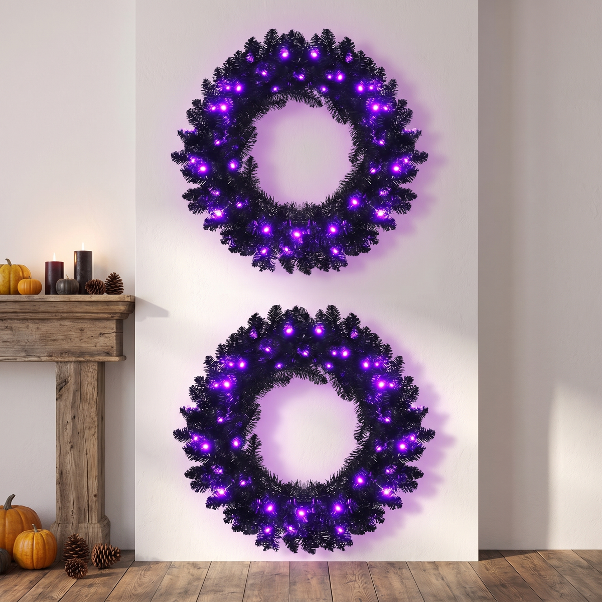 24 In Black Pre-Lit Halloween Wreath, Purple LEDs