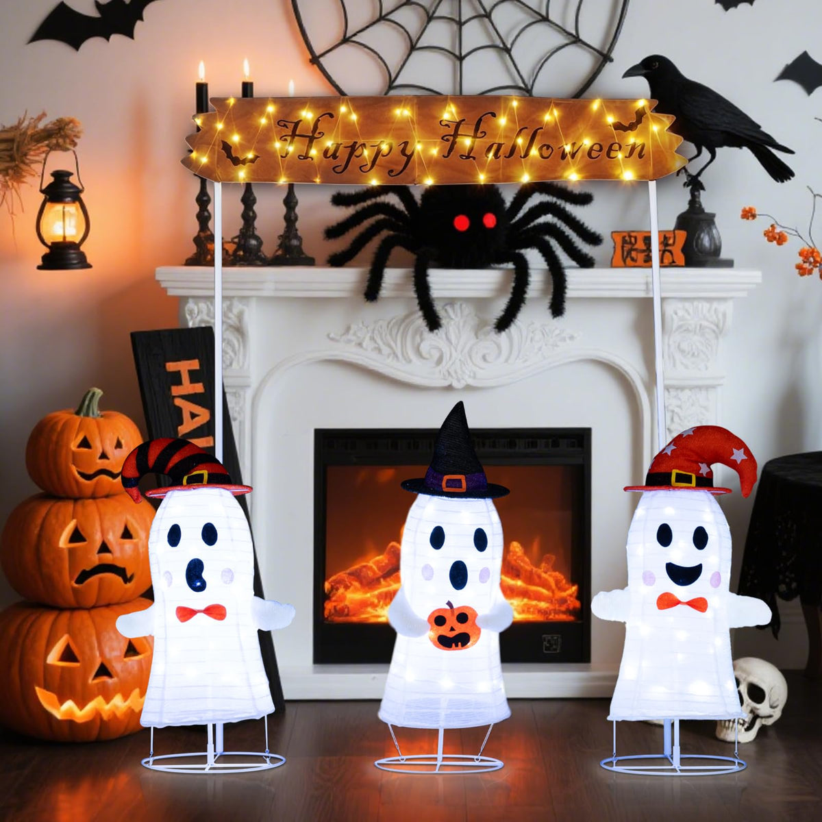 Lighted Halloween Ghost Set with Sign, 4 Pieces