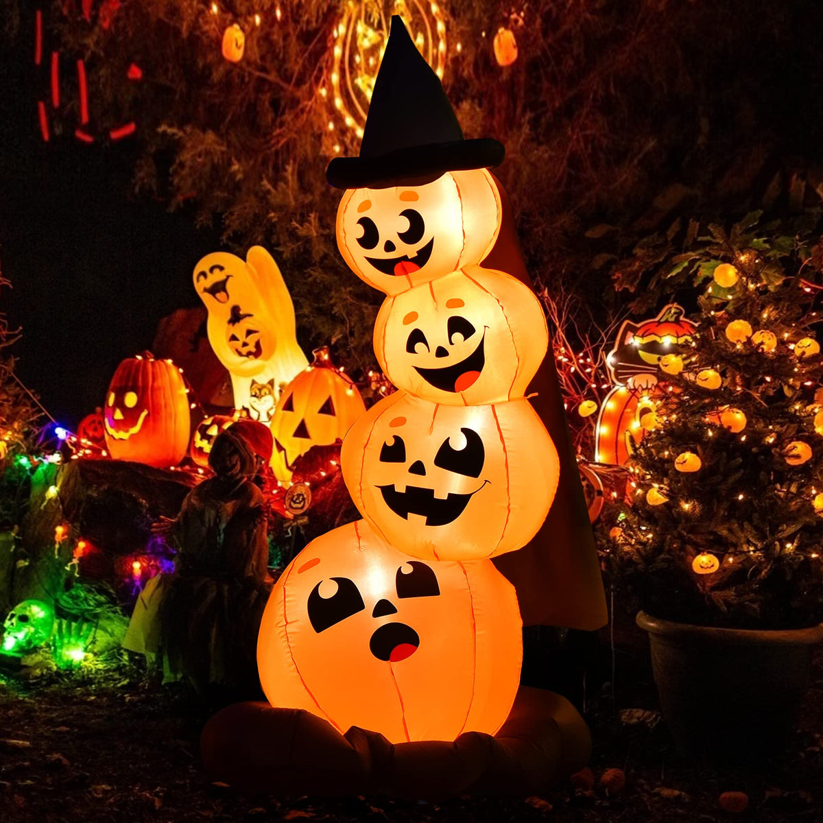 7 Ft Inflatable Stacked Pumpkins with Witch Hat