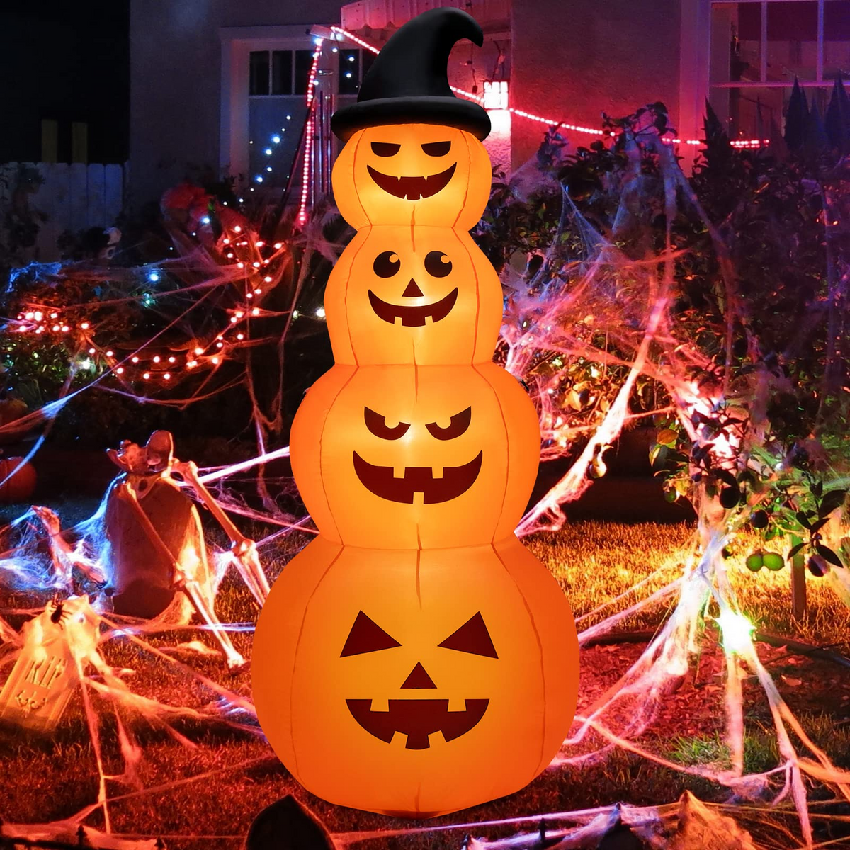 8 Ft Inflatable Pumpkin Stack with Wizard Hat