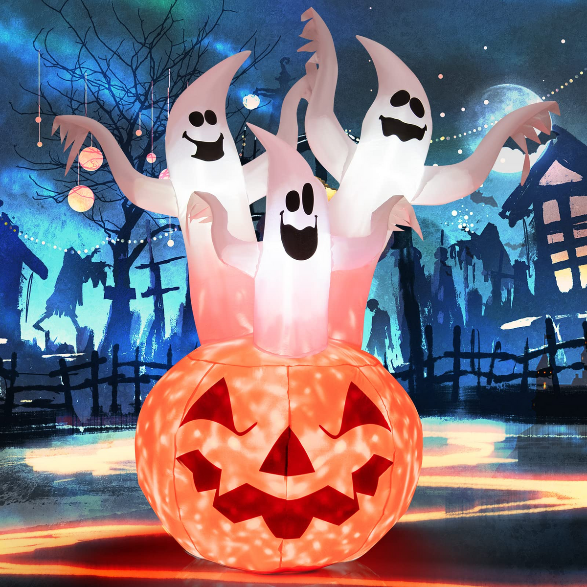 6 Ft Inflatable Ghosts and Pumpkin with Rotating Light