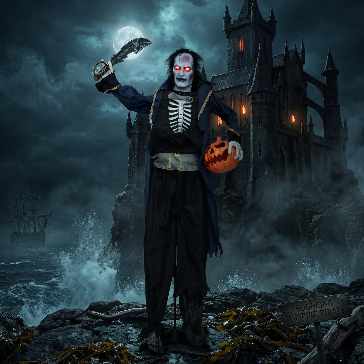 6 Ft Animated Vampire Pirate with Pop-Up Head
