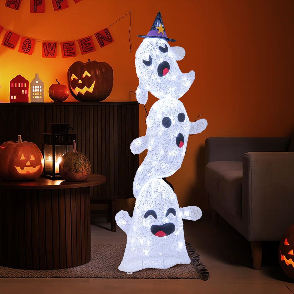4 Ft Light Up Stacked Ghosts Yard Decoration