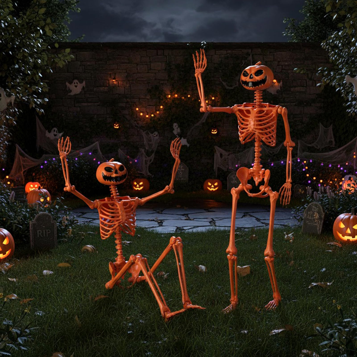 5.2 Ft Posable Orange Skeleton, Pumpkin Head