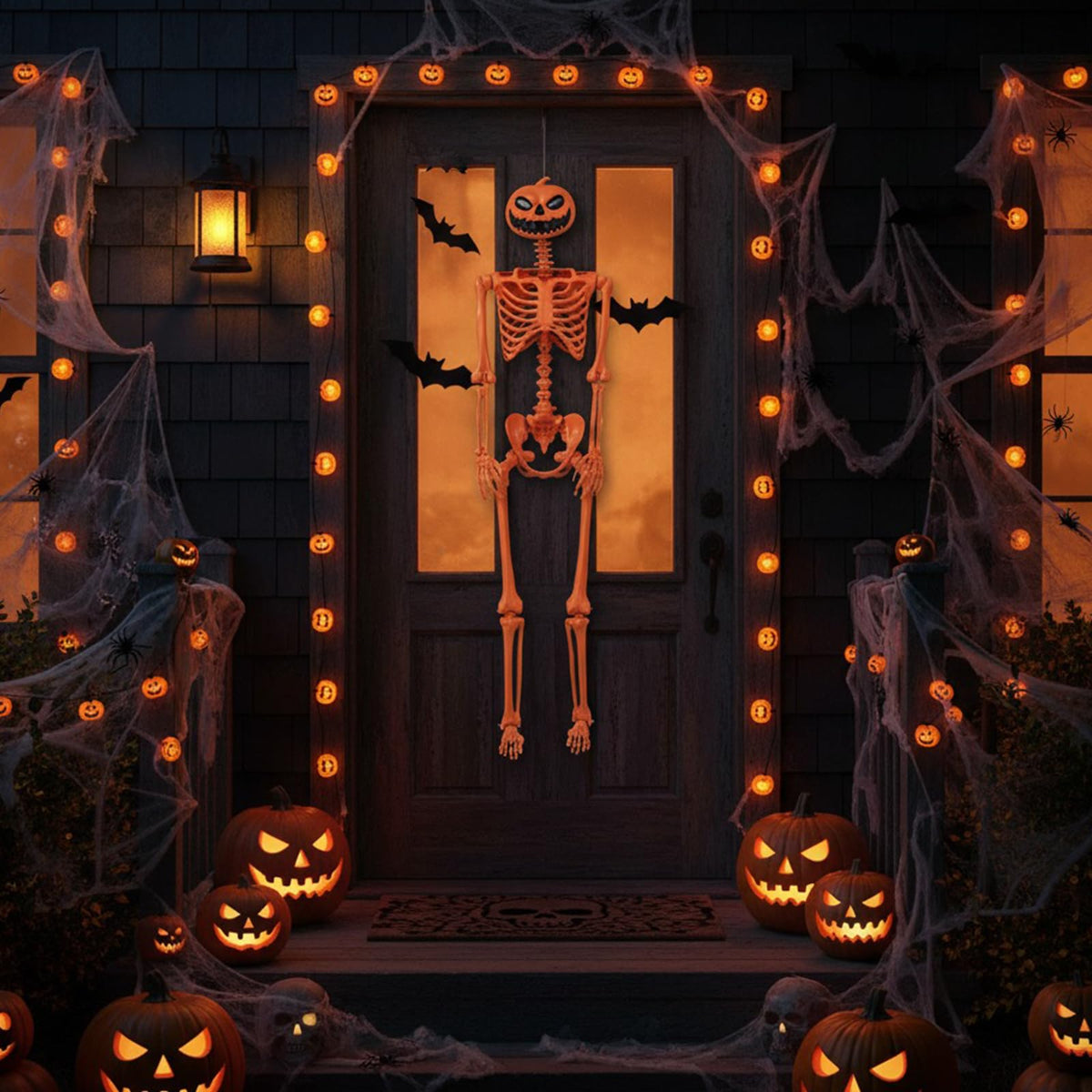 5.2 Ft Posable Orange Skeleton, Pumpkin Head