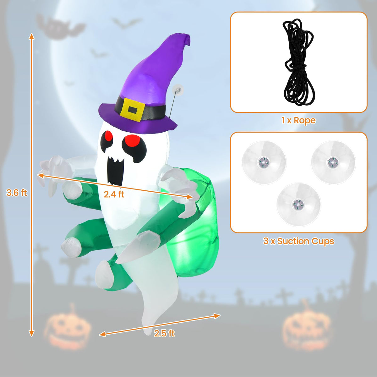 3.6 Ft Inflatable Window Ghost with LED Lights