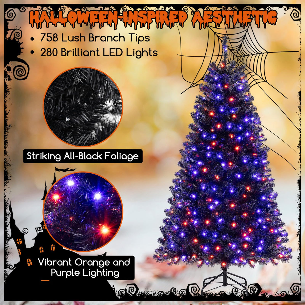 6, 7 or 8 Ft Pre-Lit Black Halloween Tree