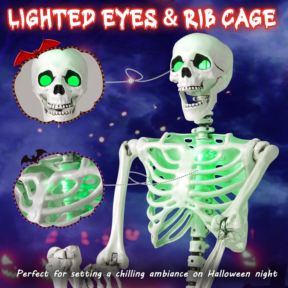 63 In Posable Skeleton with Green LED Glow