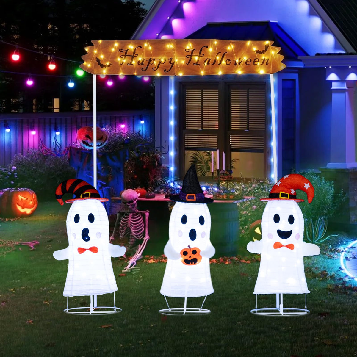 Lighted Halloween Ghost Set with Sign, 4 Pieces