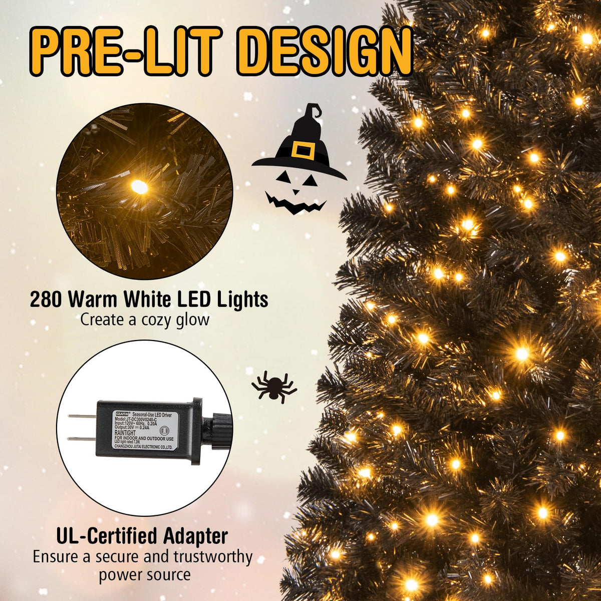 6 Ft Pre-Lit Black Pencil Tree, 280 LED Lights