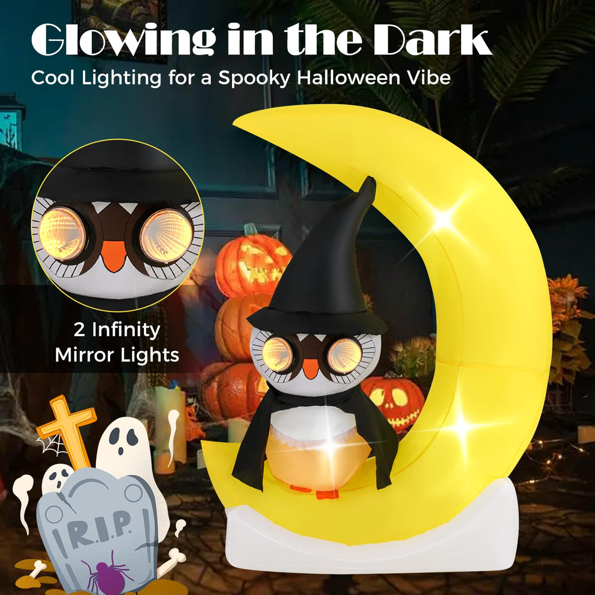 5.1 Ft Inflatable Owl on the Moon With Witch Hat