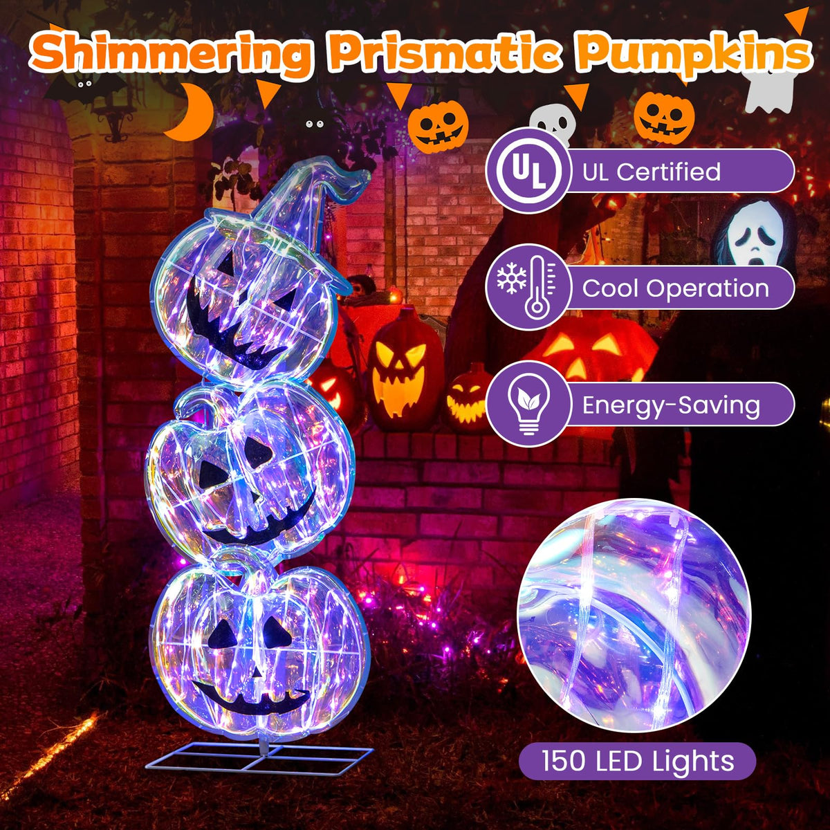3.4 Ft Light Up Stacked Pumpkins, 150 LEDs