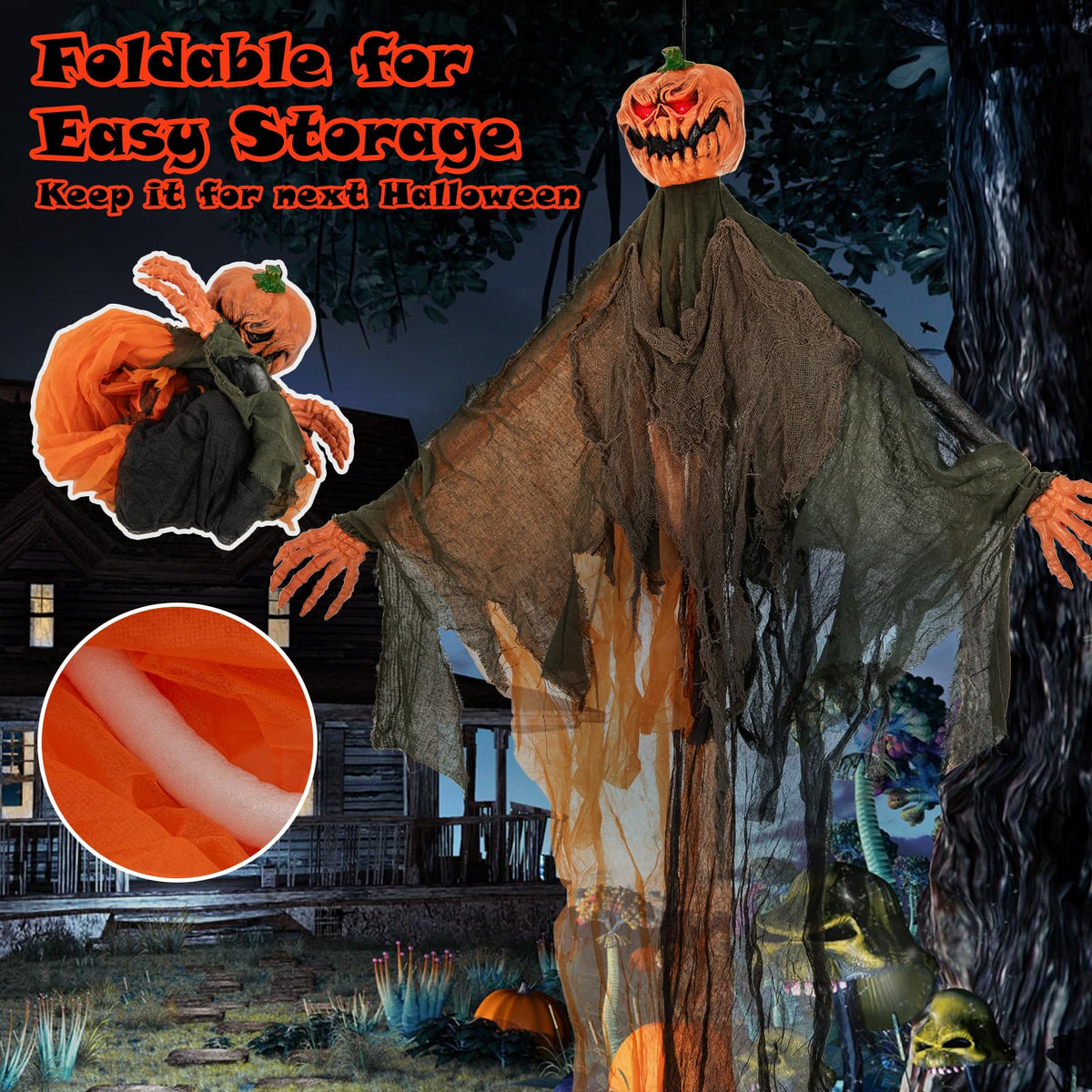 6 Ft Hanging Ghost Pumpkin Man with LED Eyes
