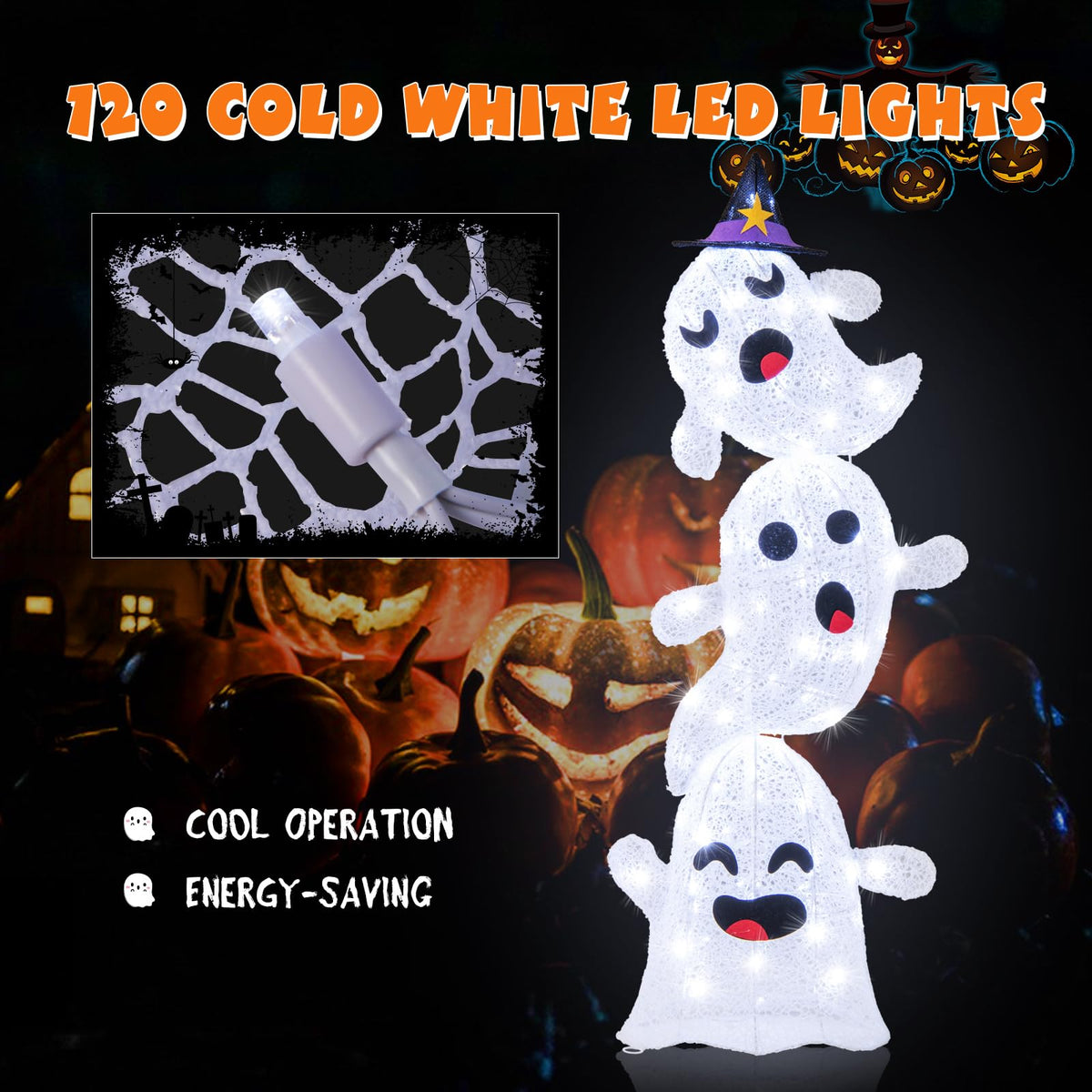 4 Ft Light Up Stacked Ghosts Yard Decoration
