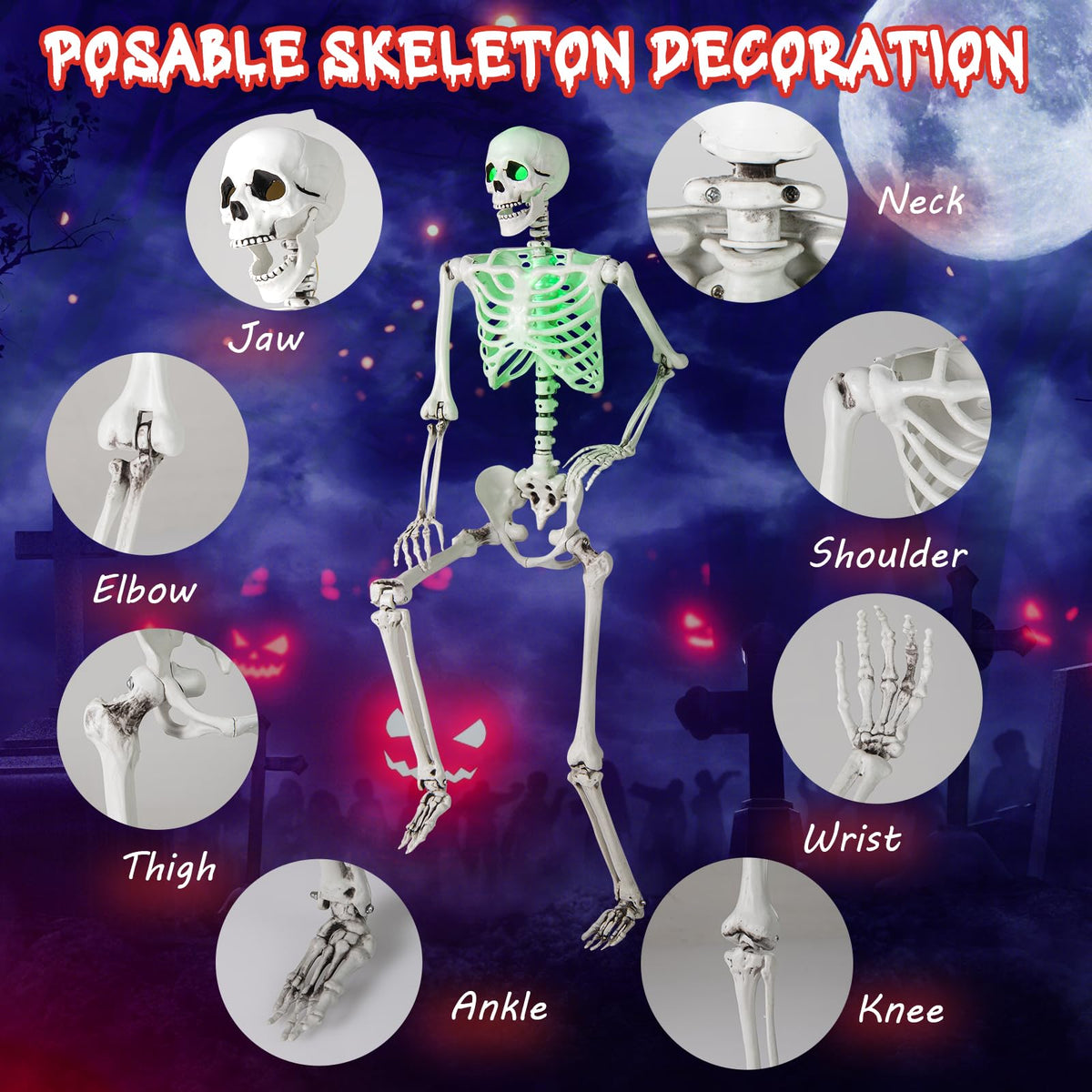 63 In Posable Skeleton with Green LED Glow