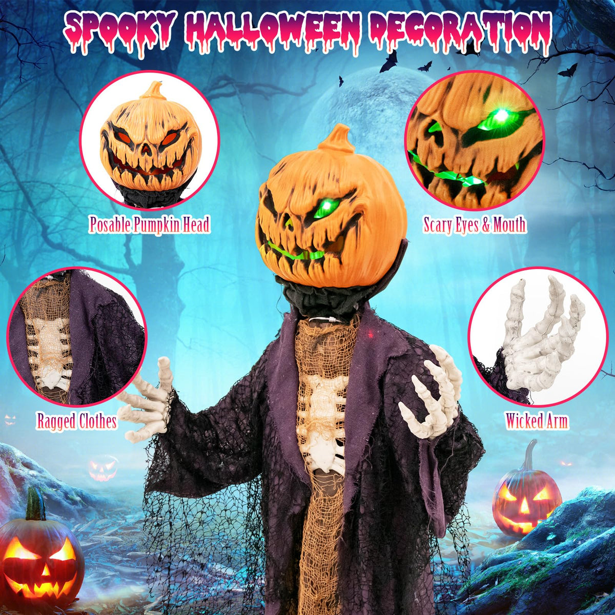 5.6 Ft Animated Pumpkin Scarecrow with Glowing Eyes