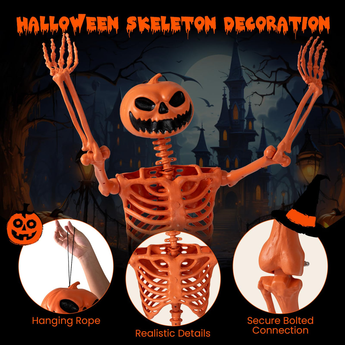 5.2 Ft Posable Orange Skeleton, Pumpkin Head