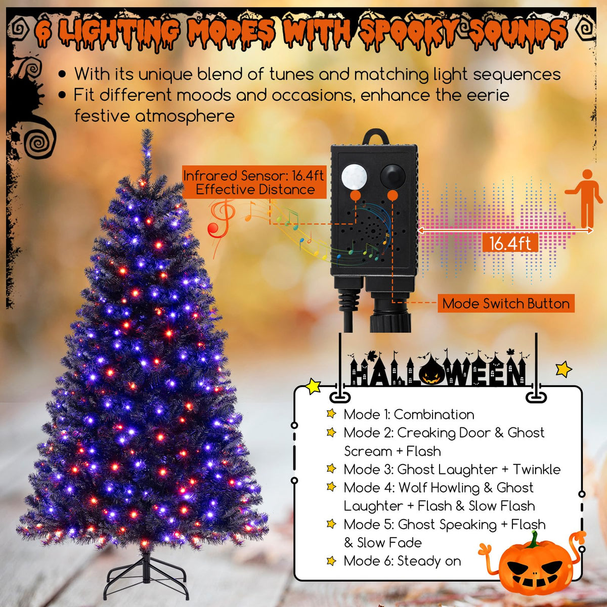 6, 7 or 8 Ft Pre-Lit Black Halloween Tree