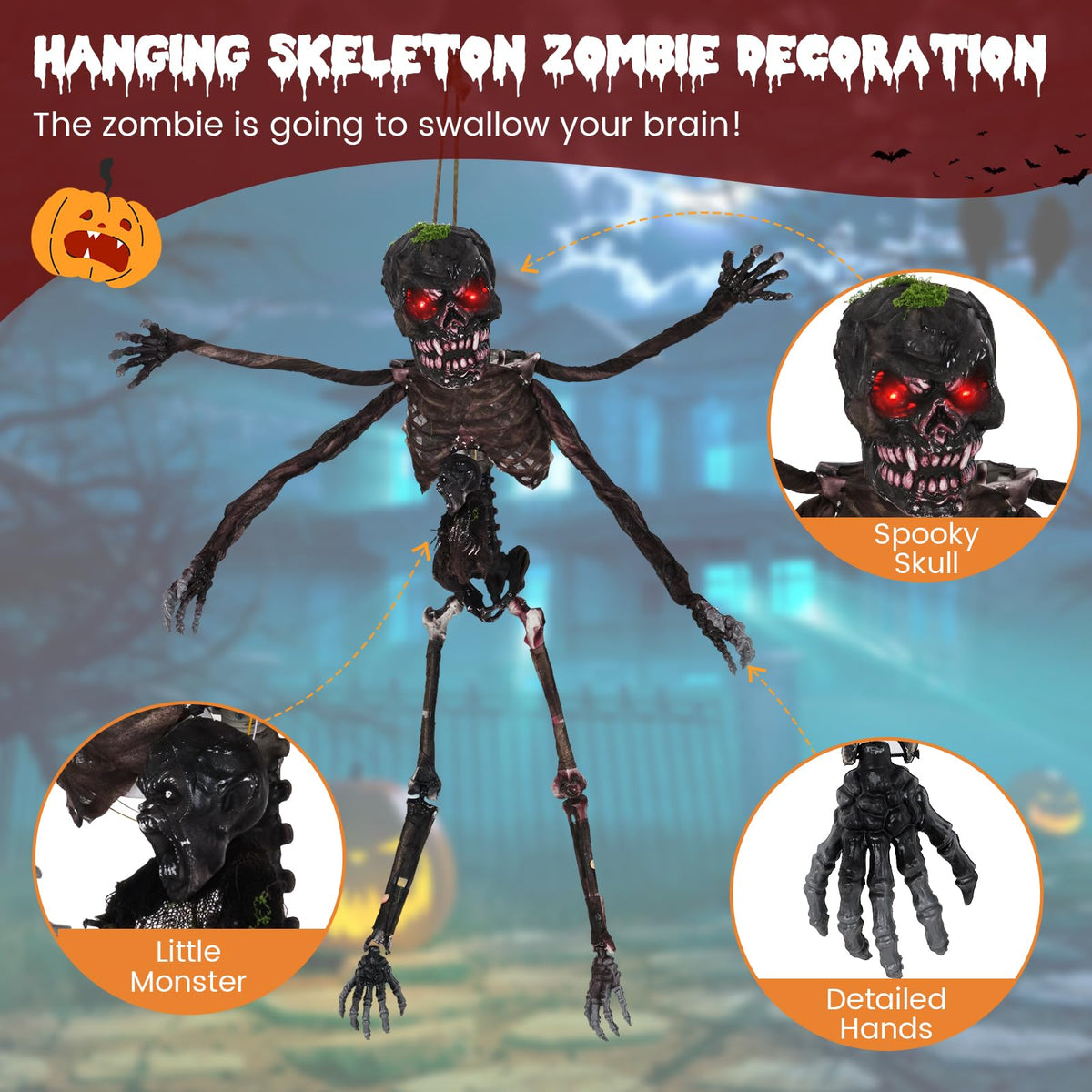 6 Ft Hanging Animated Zombie with Red Eyes