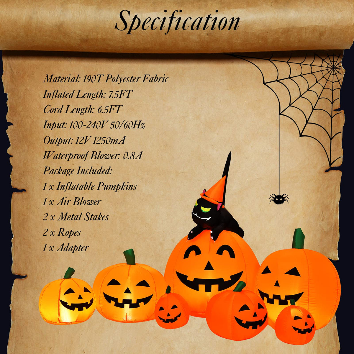 7.5 Ft Inflatable Pumpkin with Witch and Cat