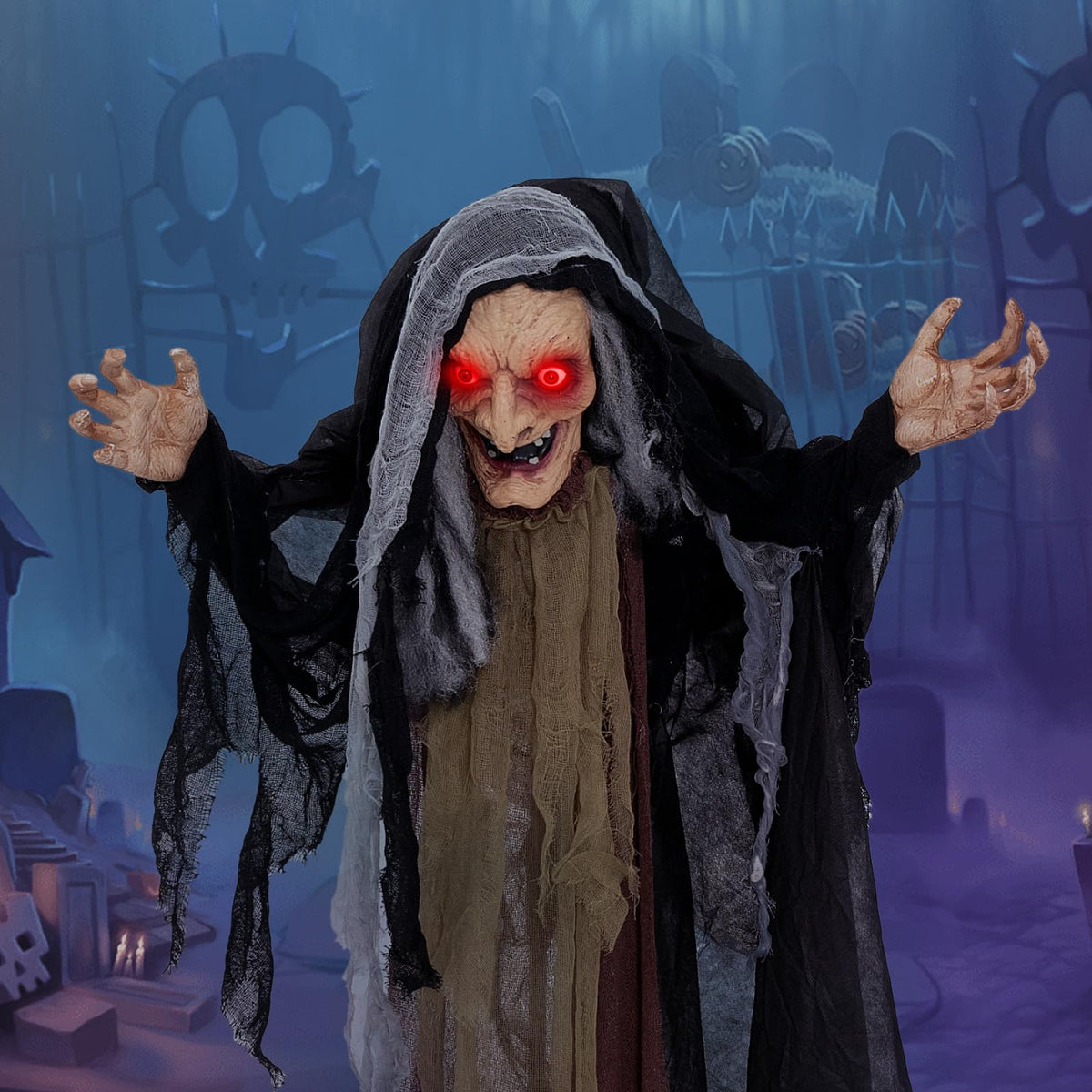 5 Ft Standing Animatronic Witch with Red Eyes