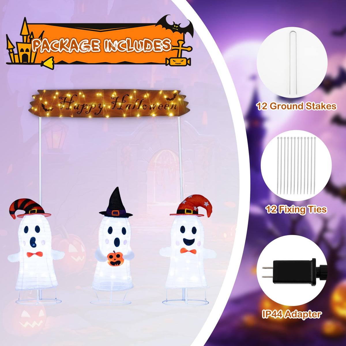 Lighted Halloween Ghost Set with Sign, 4 Pieces