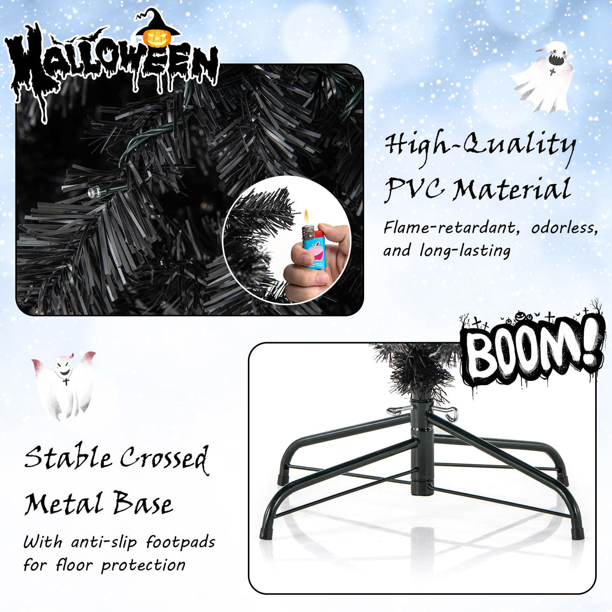 7 Ft Pre-Lit Black Halloween Tree, Bendable Top