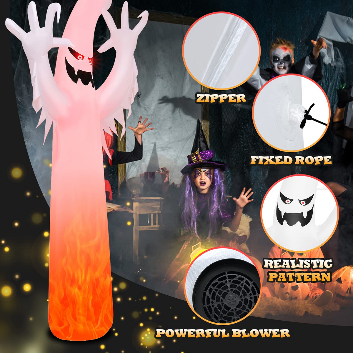 12 Ft Inflatable Ghost with Flame Light Effect