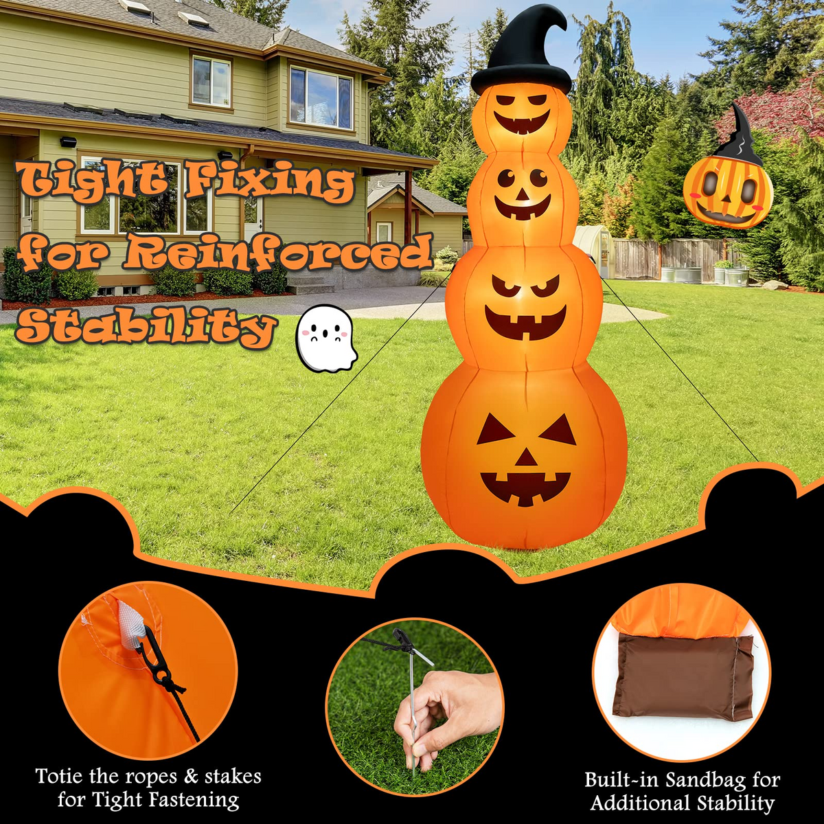 8 Ft Inflatable Pumpkin Stack with Wizard Hat